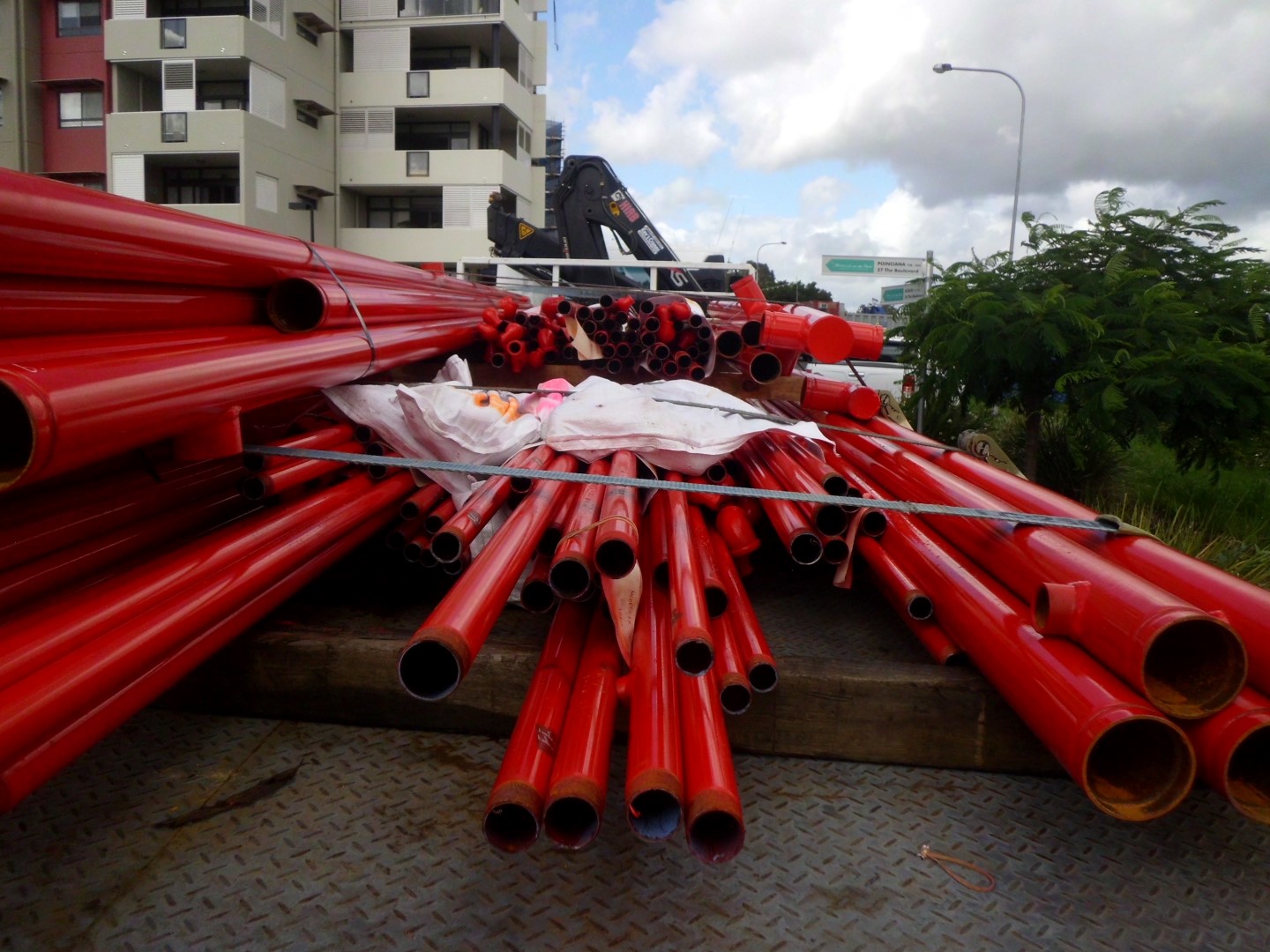 Red steel pipes