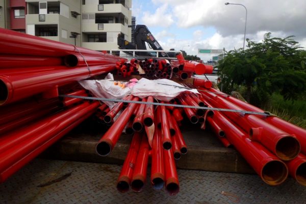 Red steel pipes